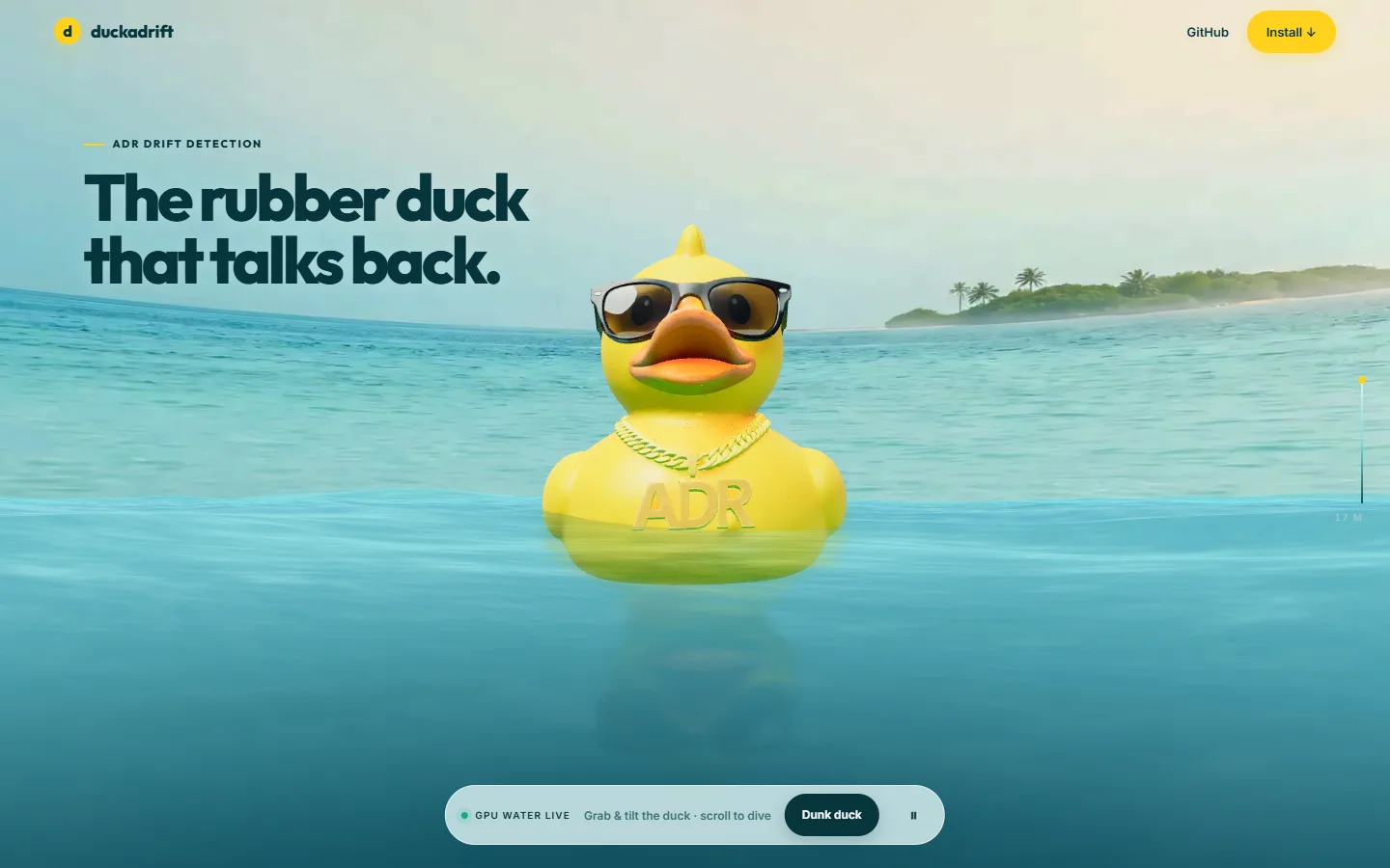 Duckadrift home page, a rubber duck in sunglasses floating on simulated water