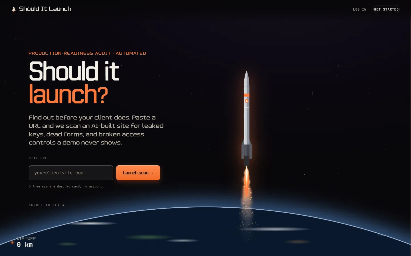 Should It Launch home page, a dark mission-control hero with a rocket lifting off